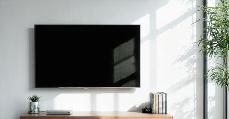 Fototapeta premium Minimalist black panel television off mounted on study room wall with daylight