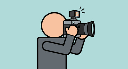 Photographer taking a picture with a professional camera and flash on a light blue background.