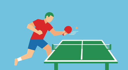 Fototapeta premium Ping pong player hitting the ball with a red paddle on a green table.