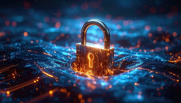 Digital Security: Illuminated Padlock on Circuit Board Cyber Protection Concept.