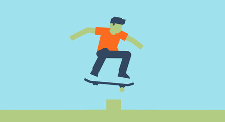 Skateboarder performing a trick over an obstacle in a minimalist illustration.