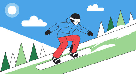 Snowboarder sliding down a snowy mountain slope on a sunny day.