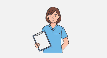 Smiling nurse holding a clipboard ready to assist patients with care and compassion.