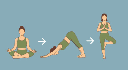 Yoga poses sequence illustration meditation downwardfacing dog tree pose healthy lifestyle.