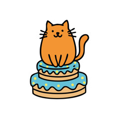 (Cute Cartoon Cat on Birthday Cake. An adorable ginger feline happily perches atop a delightful tiered dessert adorned with light blue frosting. This charming illustration conveys festive joy.)