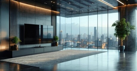 Fototapeta premium Minimalist glossy black screen television off ceo office with panoramic city view and modern decor