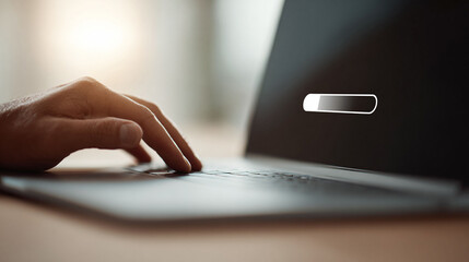 Typing on laptop with loading bar. Conceptual image of technology, progress, and online activity. Suitable for illustrating digital transformation, software updates, or internet connectivity.