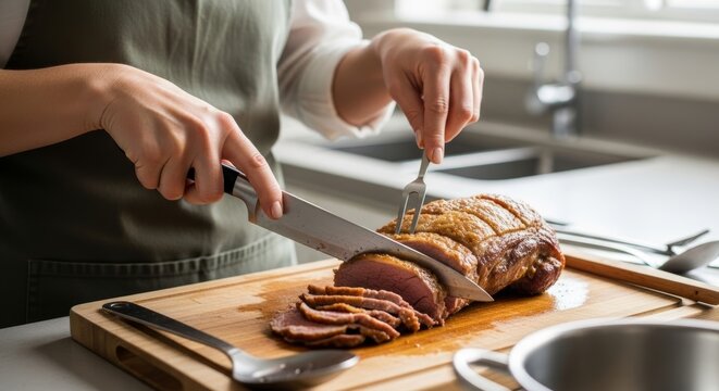 Close-up of hands slicing a juicy roast beef on a cutting board with a chef’s knife and fork; tender slices, warm kitchen light, and home cooking vibe.