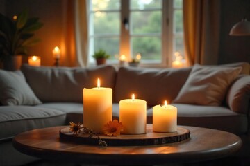 Warm Candlelight Illuminates Cozy Living Room, Creating a Peaceful and Inviting Atmosphere