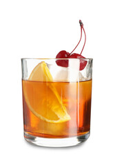 Glass of tasty Old Fashioned Cocktail on white background