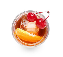 Glass of tasty Old Fashioned Cocktail on white background