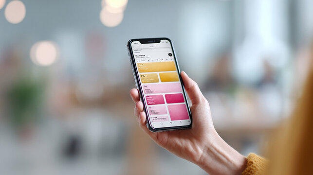 Woman using a smartphone with a colorful interface. Illustrates mobile technology, digital lifestyle, and app usage. Perfect for business or personal organization.