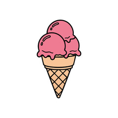 (Strawberry Ice Cream Cone Summer Treat. Vibrant cartoon illustration of an appealing three-scoop reddish frozen dessert in a classic waffle wafer. Evokes happiness and warmth.)