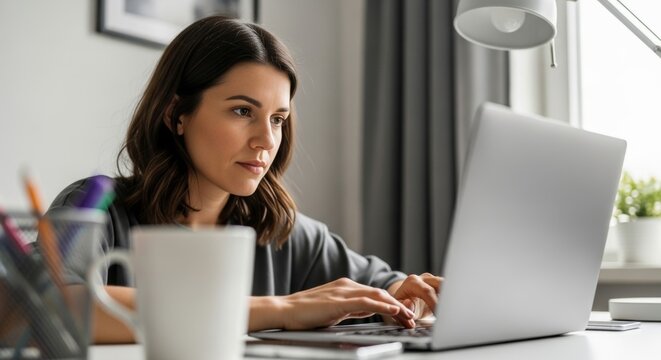Concentrated young woman working or studying on a laptop at a bright, contemporary home desk, with a coffee mug and natural light from the window.