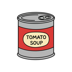(Tomato Soup Can Illustration. A vibrant hand drawn graphic of a classic ready meal in a sealed container, signifying warmth and household staples.)