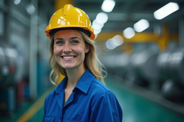 Confident Female Nuclear Engineer Joyfully Posing in Nuclear Power Plant
