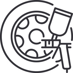 Simple Line Art Icon of a Car Wheel Being Sprayed by a Paint Sprayer Against a Transparent Background