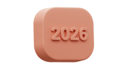 A 3D render of a peachcolored rounded square with the year 2026 raised on its surface