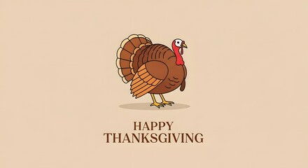 A cartoon turkey illustration with the words "Happy Thanksgiving" on a beige background.
