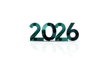 The image shows the date 2026 in a patterned dark teal font reflected on a white surface