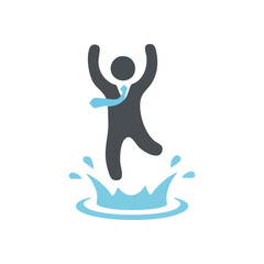 (Professional Joyful Leap. Depicts an executive with arms raised, immersed in a water splash. Signifies triumph, liberation, and the excitement of fresh opportunities.)