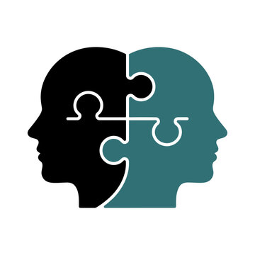 black and teal silhouette of two heads forming interlocking puzzle pieces symbolizing connection