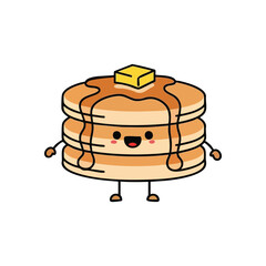 (Cute Happy Pancake Stack Illustration. Cheerful breakfast flapjacks drizzled with syrup and topped with butter. This charming character embodies morning delight and sweet joy.)