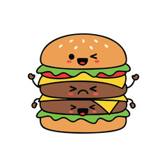 (Cute Layered Burger Kawaii Faces. This charming stacked patty delight features cheerful, worried, and joyful expressions. A whimsical depiction conveying diverse feelings within a delicious meal.)