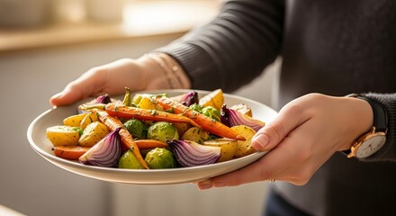 A person holding a plate of roasted vegetables, ready to serve.