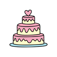 (Sweet Tiered Cake with Heart Topper. Charming doodle style confectionery, adorned in pastel hues, symbolizes affection and joy for any festive occasion or special event.)