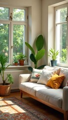 Sunlit Living Room Cozy Sofa, Thriving Plants, and a Peaceful Atmosphere ? Perfect for Well-being and Home Comfort Blogs