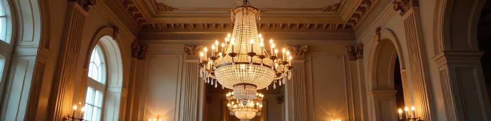 Elegant Crystal Chandelier Illuminates Grand Ornate Room, Casting Soft Light on Classical Architectural Details ? Perfect for Interior Design and Luxury Lifestyle Projects.