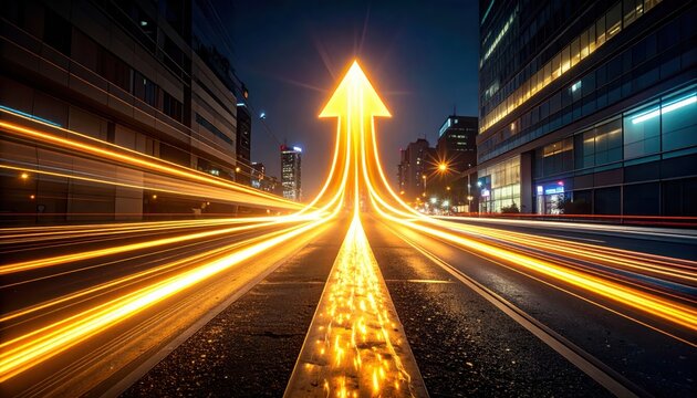 Glowing Arrow Ascending Through Streaking City Lights at Night. - Powered by Adobe