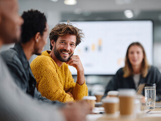 Engaging diverse team meeting, full of smiles and collaborative spirit. Professional, positive, and optimistic, ideal for business, success, teamwork, and innovation.