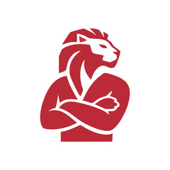 (Majestic Red Lion with Folded Arms. This fierce crimson feline graphic embodies great strength, courage, and leadership. An ideal insignia for brands seeking bold identity.)