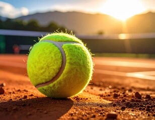 Close up of a tennis ball on a clay court at sunset.