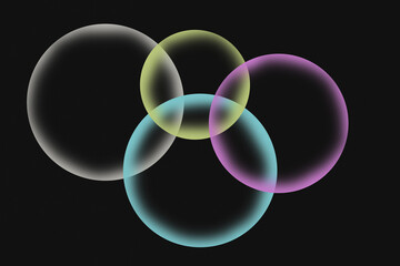 Intersecting Translucent Bubbles with Color Gradients on Black Background spheres circles