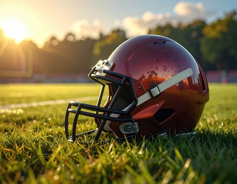 American Football Helmet on Grassy Field at Sunset.