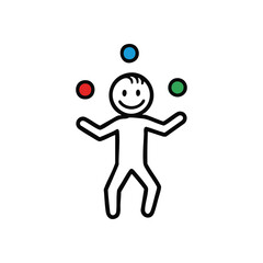 (Smiling Stick Figure Juggling Orbs. This cheerful individual is expertly performing with three vibrant spheres, symbolizing efficient task management, skill, and perfect balance.)