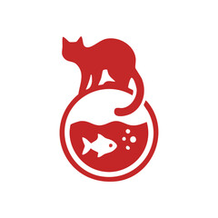 (Curious Cat Watches Goldfish Graphic. A watchful feline observes a tiny aquatic creature within its glass habitat. This simple artwork symbolizes natural instinct and predator prey dynamics.)