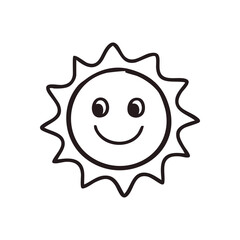 (Smiling Sun Outline Graphic. This cheerful monochrome drawing features a happy face, radiating warmth, joy, and positive energy through its simple design.)