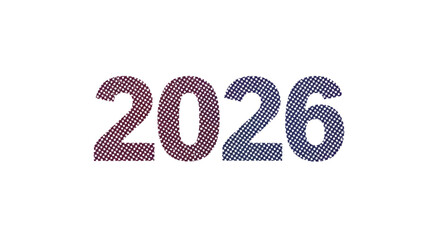 Textured 2026 numerals in gradient from red to blue patterned with small stars set against a stark white background