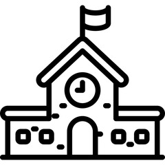 Outline Icon of a School Building With a Clock Tower And Flag on a Transparent Background Representing Education And Learning