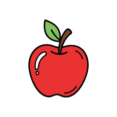 (Vibrant Red Apple Cartoon Design. A cheerful fruit drawing with a green leaf and brown stem, signifying wholesome nutrition, learning, and vitality. Simple vector graphic.)