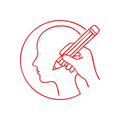 (Creative Mind Drawing Self. This minimalist illustration portrays an individual's hand sketching a head profile, symbolizing imagination, self-awareness, and artistic expression.)
