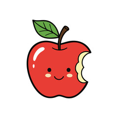 (Smiling Red Apple with Bite. This cheerful fruit icon, featuring a healthy fruit with a nibble taken, symbolizes joy, fresh food, and learning. Ideal for kids media.)