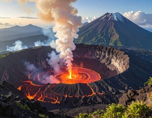 Spectacular aerial view of erupting volcano with lava flow and smoke plume.