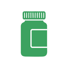 (Green Medicine Bottle Icon. Flat graphic of a medication receptacle. This vibrant emerald jar signifies health, wellness, and therapeutic care.)