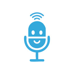 (Audio AI Microphone Icon. A friendly blue symbol representing voice activation, digital sound recording, and cheerful virtual assistance. Perfect for podcasting, communication apps, or smart home.)