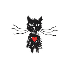 (Scribble Cat with Red Heart. This playful hand drawn feline sketch features a crimson symbol of affection. Its naive style suggests warmth and innocence.)